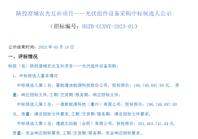 最低1.61元/W！這些企業(yè)擬中標陜投澄城農(nóng)光互補項目組件采購